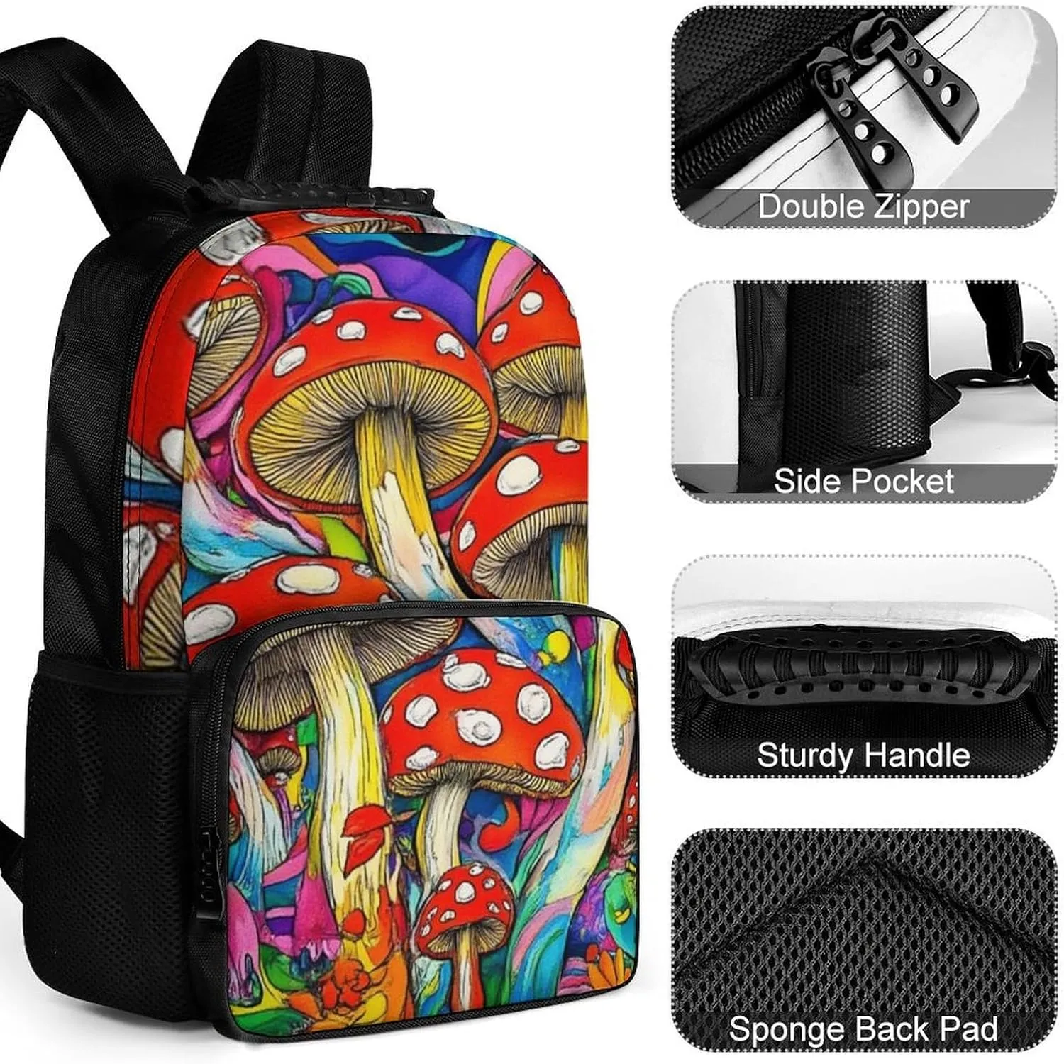 Colorful Mushrooms Art Shoulder Book Bags Polyester Multipurpose Anti-Theft Carry On Bag Large Capacity Travel Hiking & Camping Rucksack