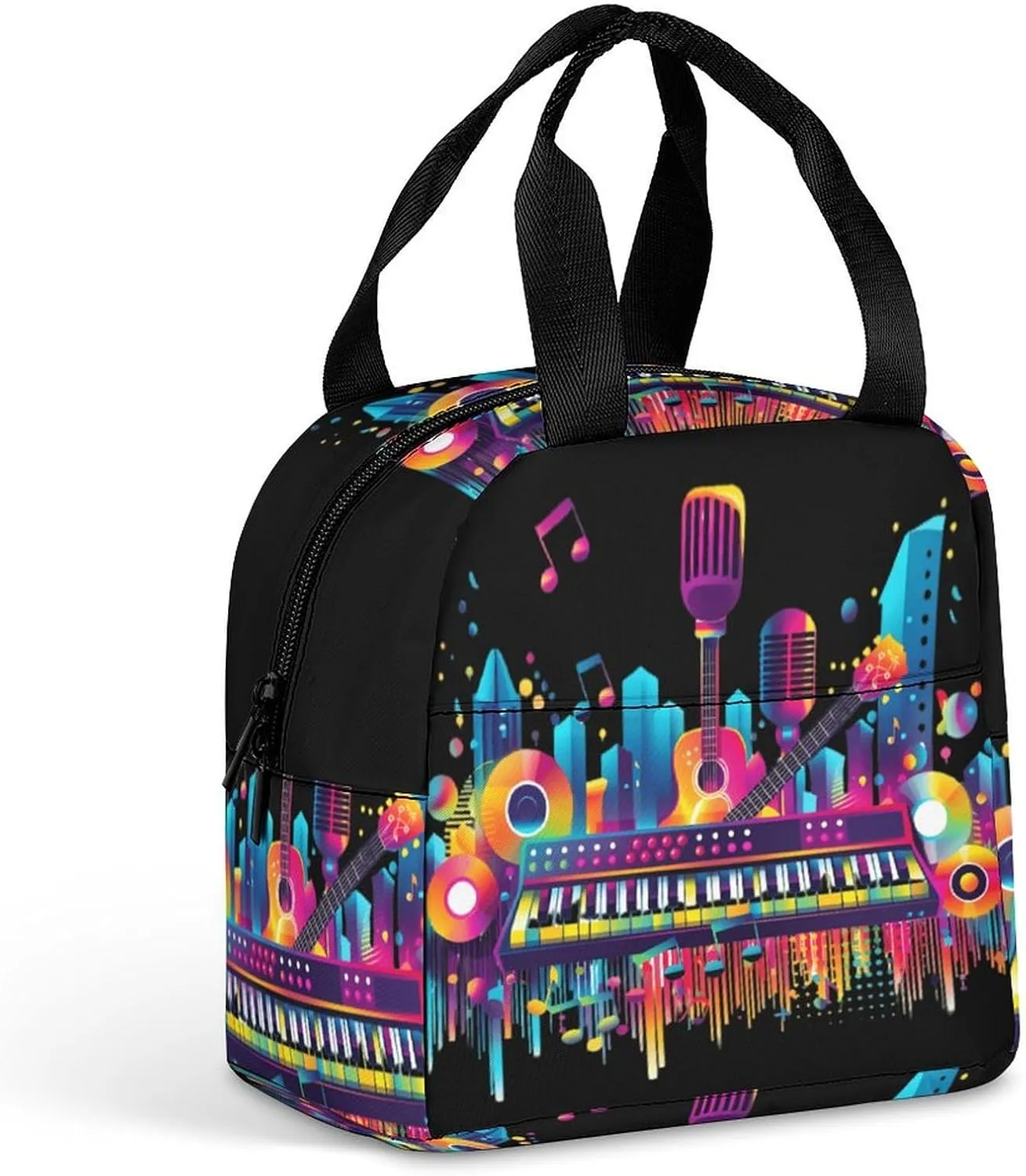 Colorful Musical Instruments Funny Reusable Lunch Bag Insulated Tote Box Cooler Food Handbags Case For Women Men 8.5 X 8 X 5 Inches