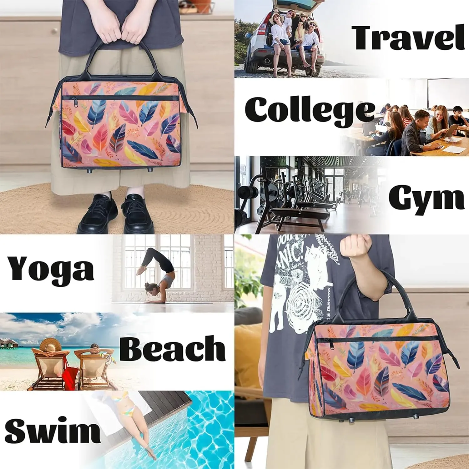 Colorful Sharp Feathers Large Travel Duffel Bag Gym Tote Bag for Women Men Waterproof Weekend Overnight Bag Carry On Tote Luggage with Pocket Personal Item Bags Sports Bag fit Travel Sports Gym Yoga