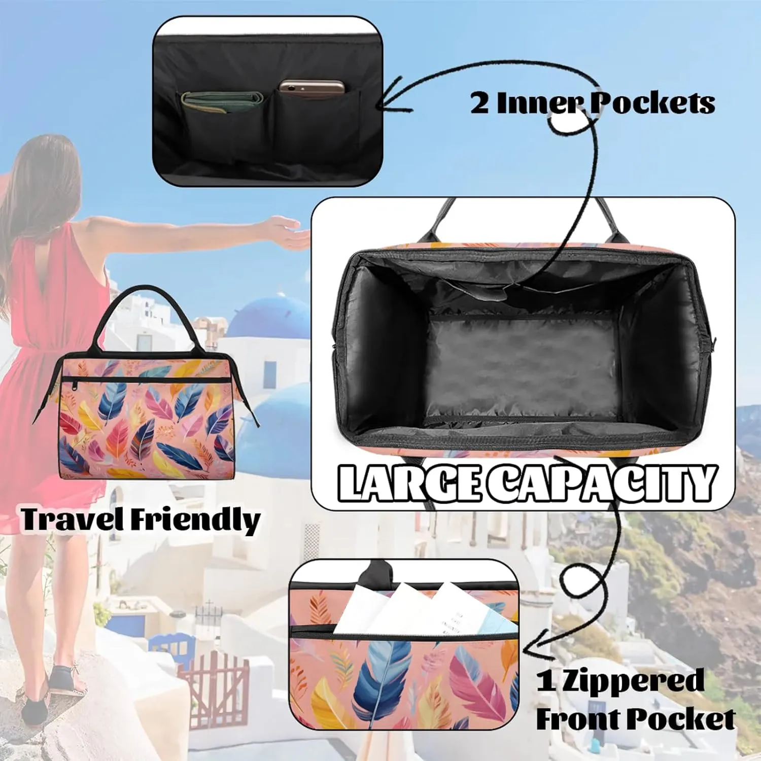 Colorful Sharp Feathers Large Travel Duffel Bag Gym Tote Bag for Women Men Waterproof Weekend Overnight Bag Carry On Tote Luggage with Pocket Personal Item Bags Sports Bag fit Travel Sports Gym Yoga