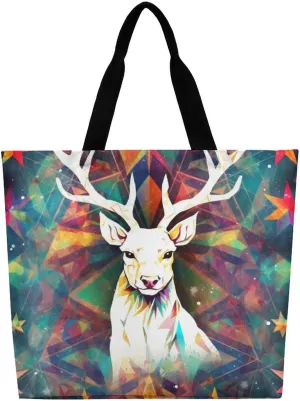 Colorful Triangles Reindeer And Snowflakes Tote Bag Large Women Casual Shoulder Bag Reusable Grocery Bag Fasion Handbag for Office Shopping Travel