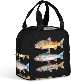 Colorful Trout Funny Reusable Lunch Bag Insulated Tote Box Cooler Food Handbags Case For Women Men 8.5 X 8 X 5 Inches