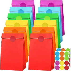 Cooraby 30 Pack Rainbow Gift Bags Candy Paper Bags with Stickers 5.1 x 3.1 x 9.4 Inches Snack Sweet Craft Bags for Birthday Wedding Party Anniversaries with 48 Stickers
