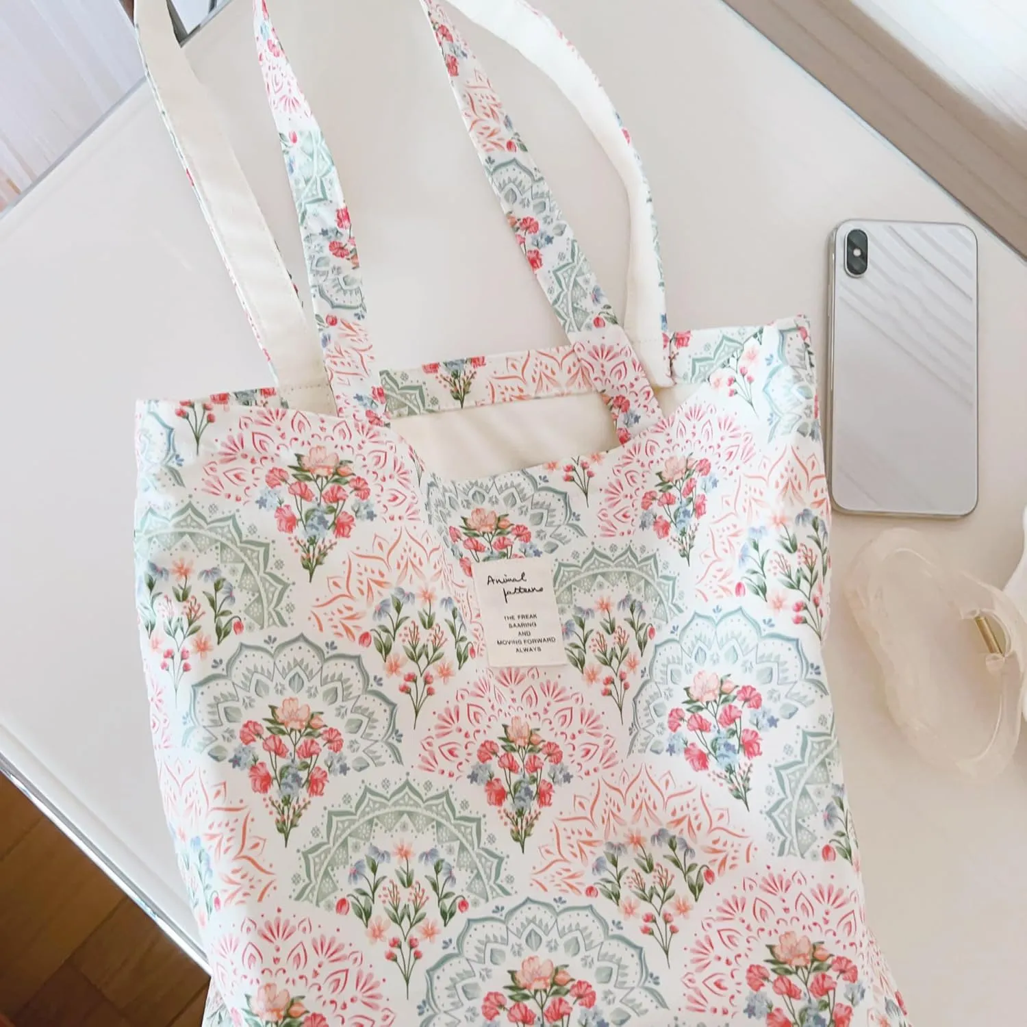 Cotton Canvas Tote Bag Reusable Soft Grocery Cloth Bag Floral Shoulder Bag for Beach Travel Shopping