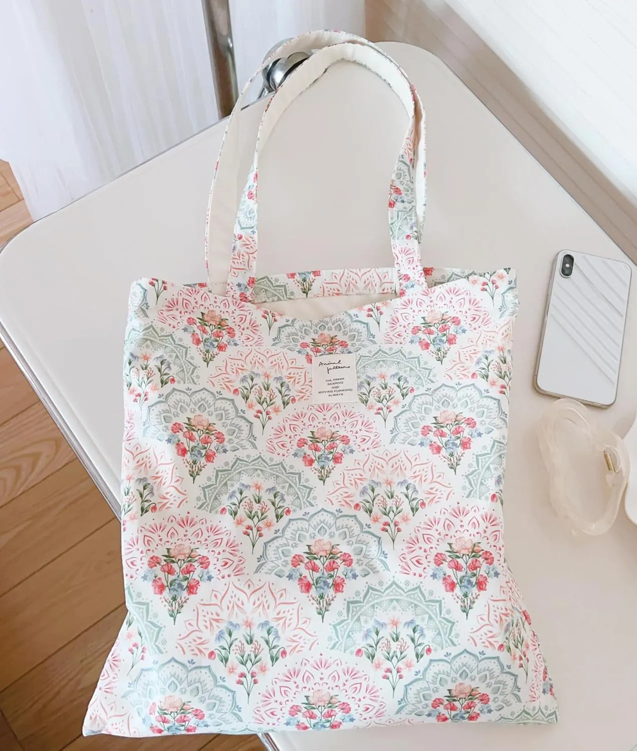 Cotton Canvas Tote Bag Reusable Soft Grocery Cloth Bag Floral Shoulder Bag for Beach Travel Shopping