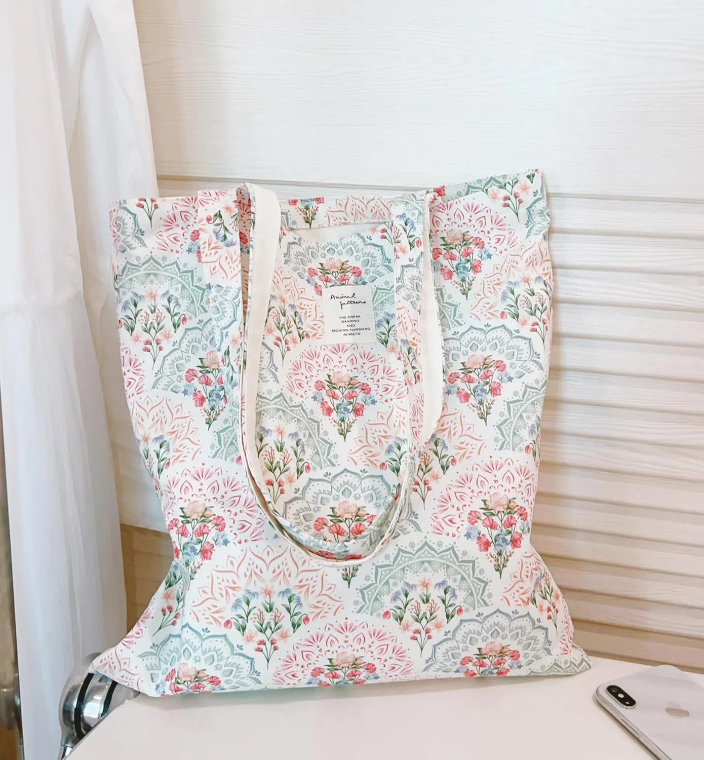 Cotton Canvas Tote Bag Reusable Soft Grocery Cloth Bag Floral Shoulder Bag for Beach Travel Shopping