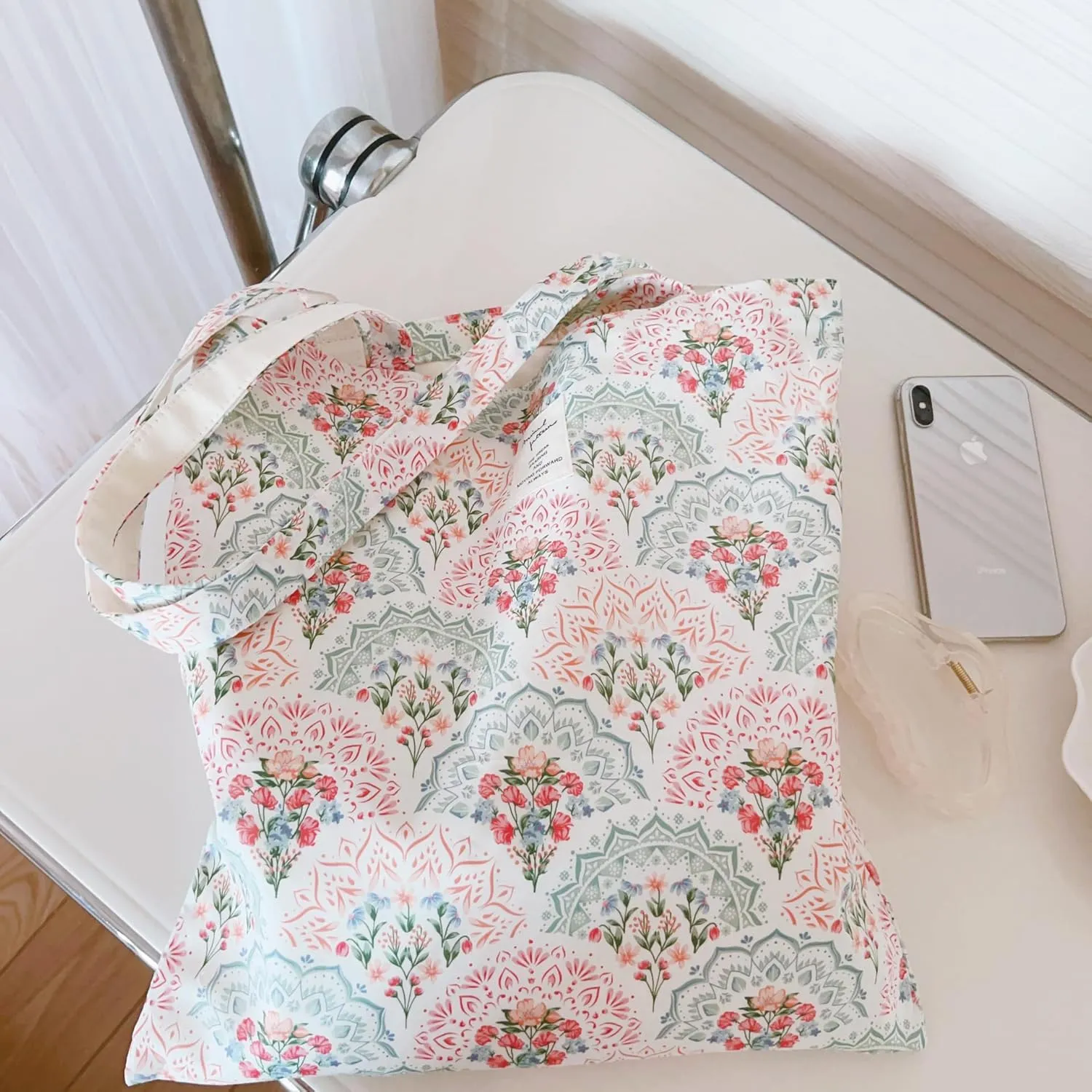Cotton Canvas Tote Bag Reusable Soft Grocery Cloth Bag Floral Shoulder Bag for Beach Travel Shopping