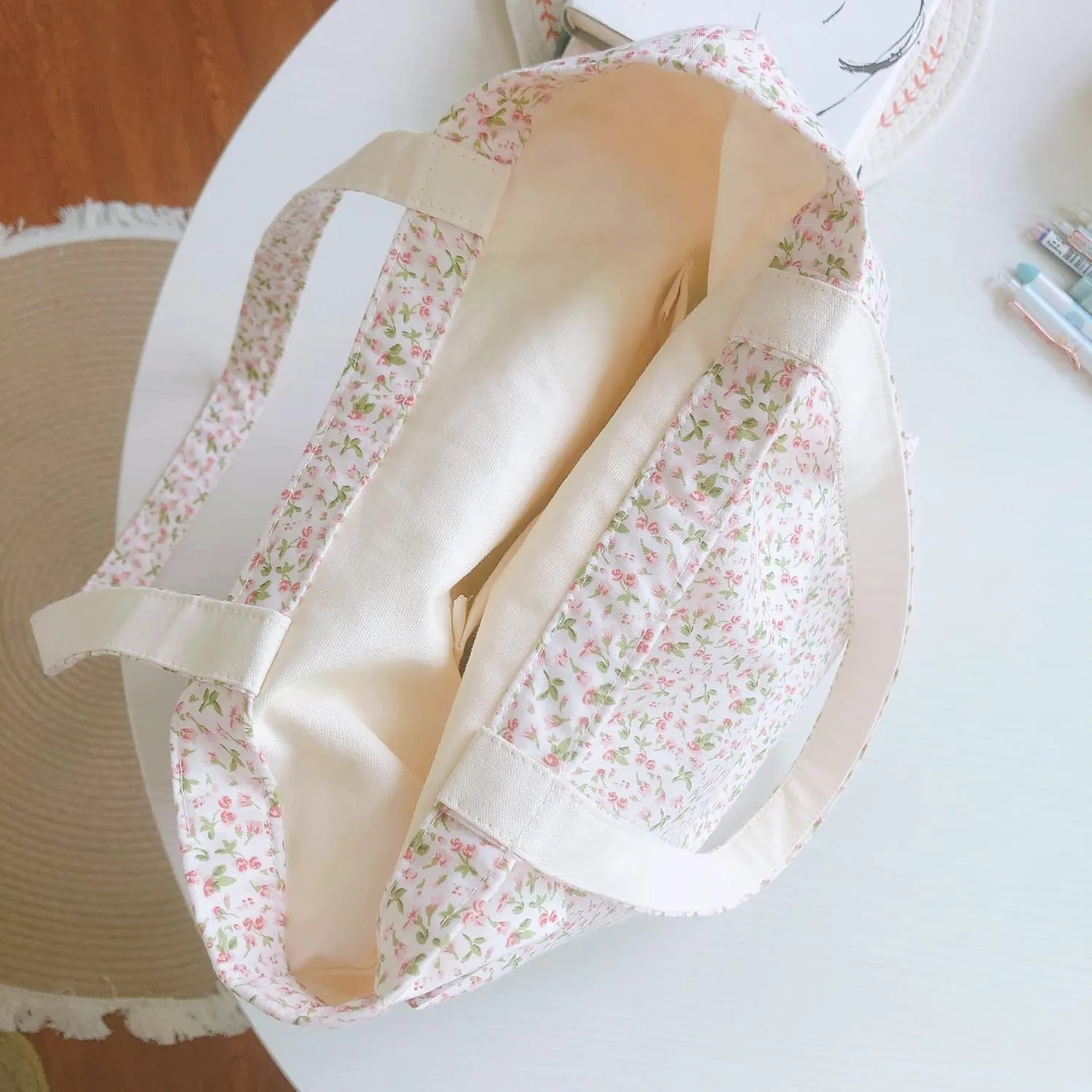 Cotton Canvas Tote Bag Reusable Soft Grocery Cloth Bag Floral Shoulder Bag for Beach Travel Shopping