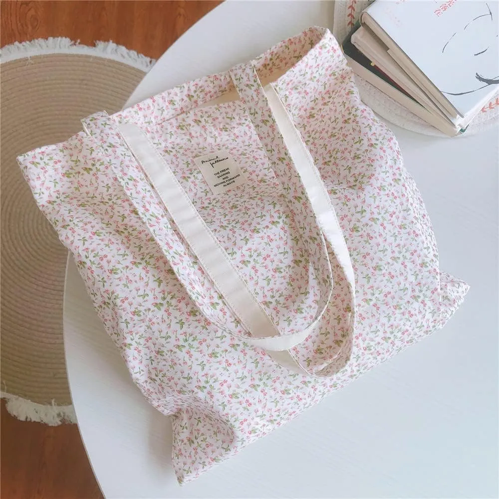 Cotton Canvas Tote Bag Reusable Soft Grocery Cloth Bag Floral Shoulder Bag for Beach Travel Shopping
