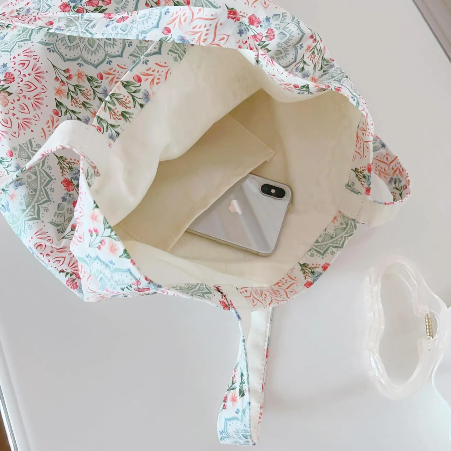 Cotton Canvas Tote Bag Reusable Soft Grocery Cloth Bag Floral Shoulder Bag for Beach Travel Shopping