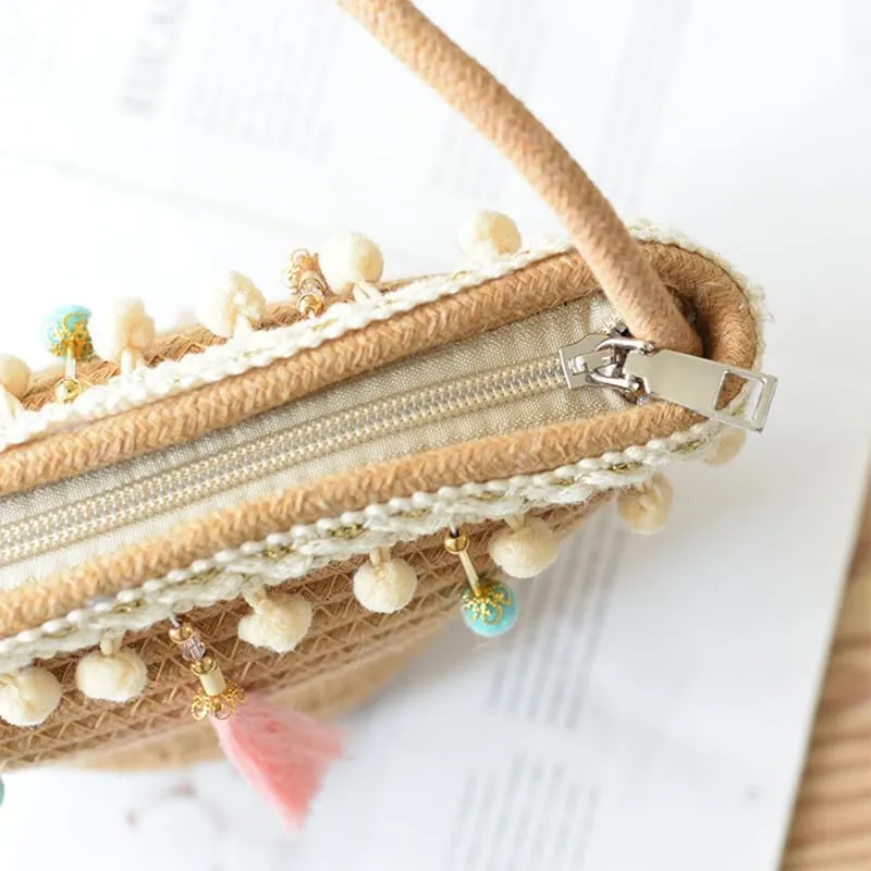 Cotton Clutch Purse for Women Woven Crossbody Shoulder Handbag Summer Beach Woven Travel Bag Shoulder Sling Bag Brown