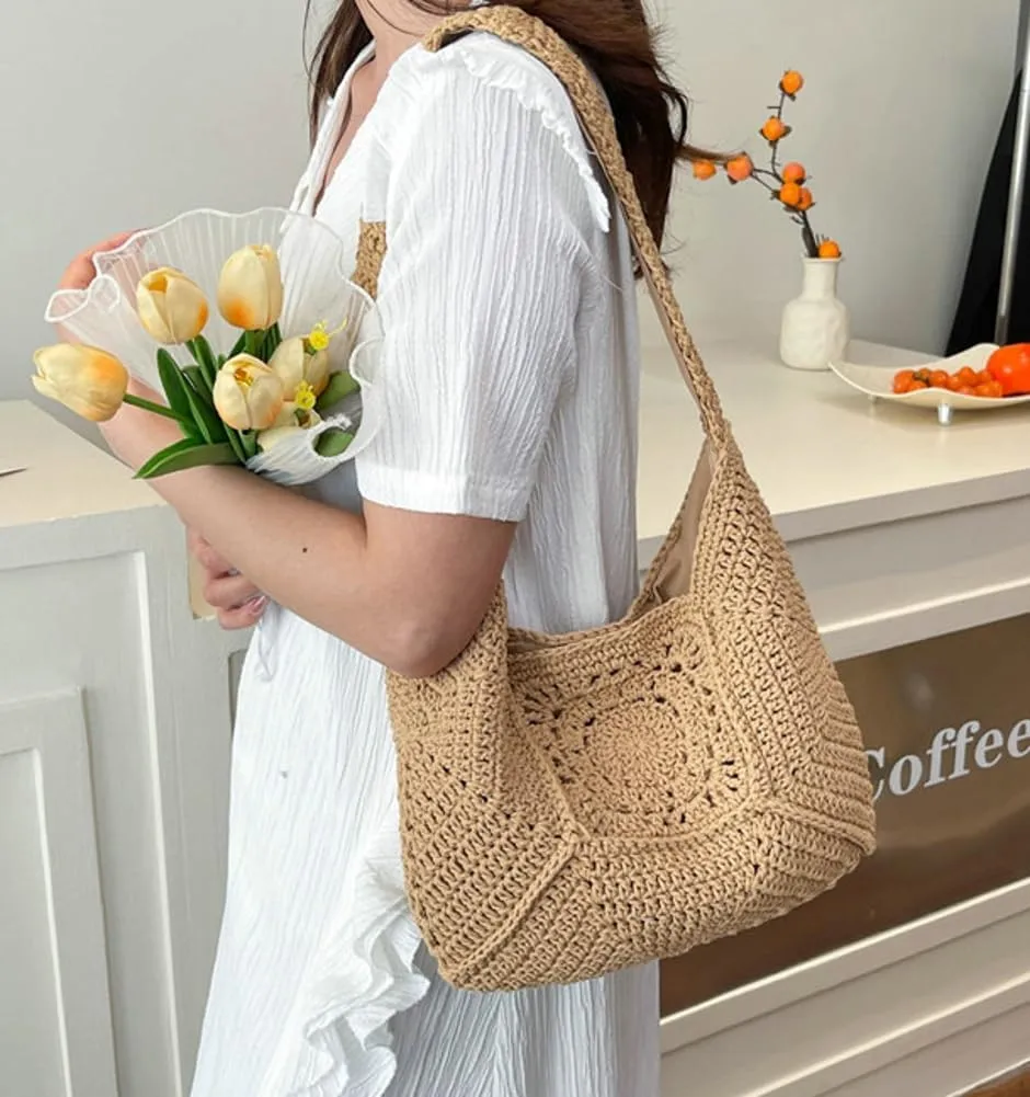 Cotton Rope Purses for Women Woven Hobo Shoulder Bag Purses Chic Hollow-out Handbag for Beach Summer Travel