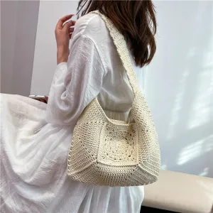 Cotton Rope Purses for Women Woven Hobo Shoulder Bag Purses Chic Hollow-out Handbag for Beach Summer Travel