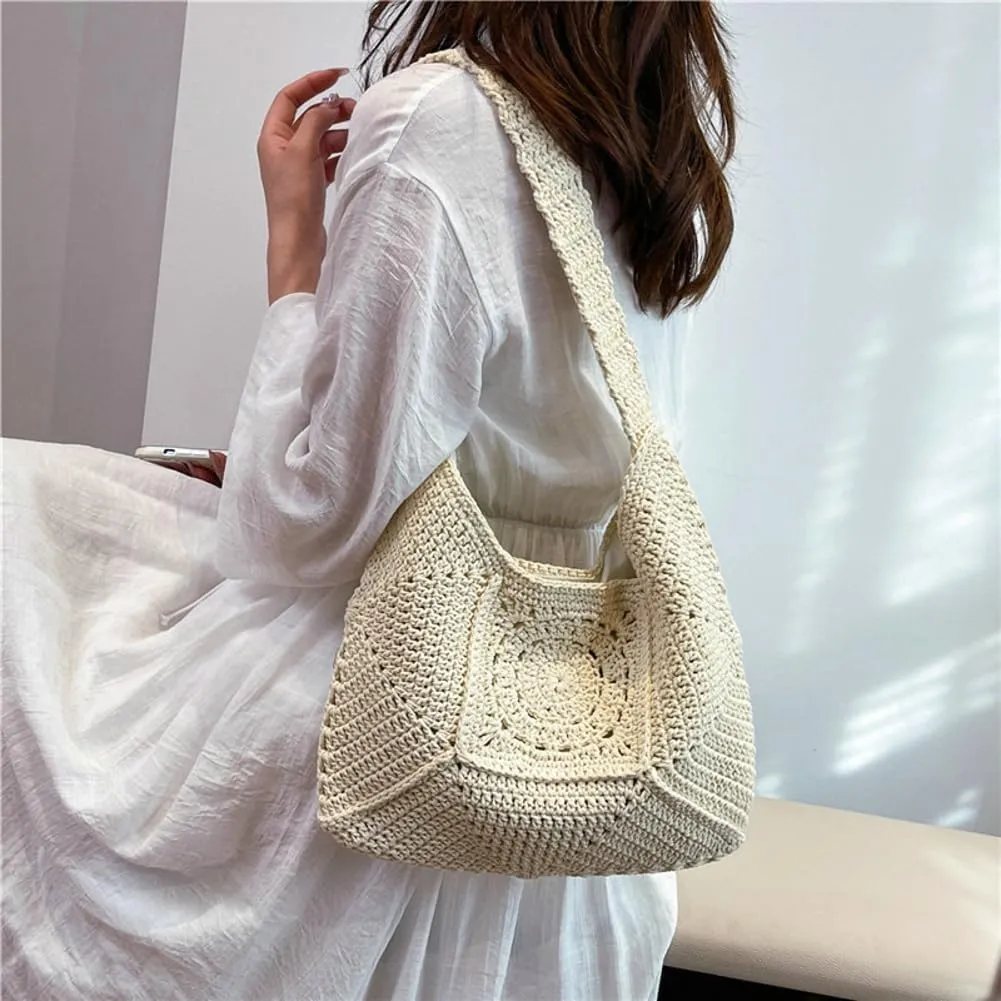 Cotton Rope Purses for Women Woven Hobo Shoulder Bag Purses Chic Hollow-out Handbag for Beach Summer Travel
