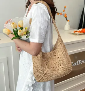 Cotton Rope Purses for Women Woven Hobo Shoulder Bag Purses Chic Hollow-out Handbag for Beach Summer Travel