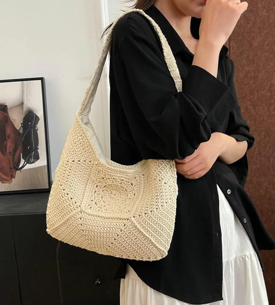 Cotton Rope Purses for Women Woven Hobo Shoulder Bag Purses Chic Hollow-out Handbag for Beach Summer Travel