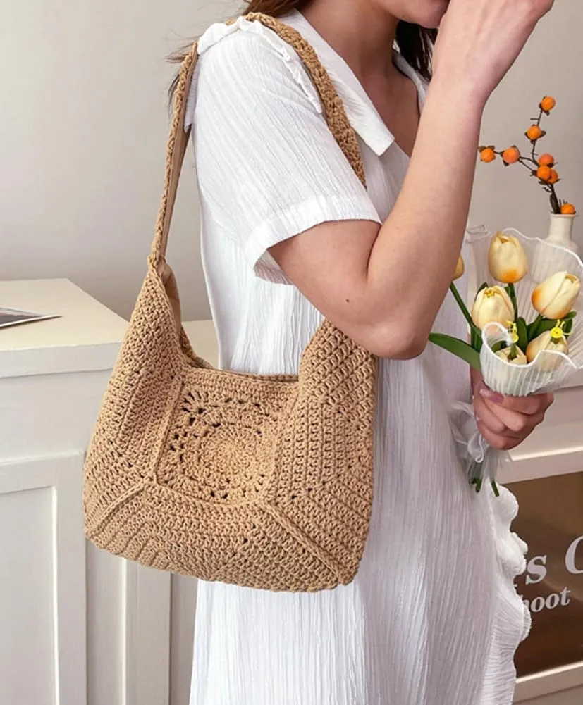 Cotton Rope Purses for Women Woven Hobo Shoulder Bag Purses Chic Hollow-out Handbag for Beach Summer Travel