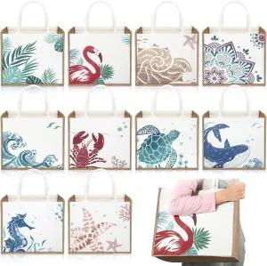 Coume 10 Pack Beach Burlap Tote Bags Bulk Large Beach Jute Tote Bags with Handles 14.2"x 12.6"x 7.5" for DIY Wedding Gift (Colorful)