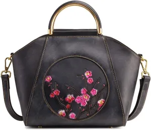 CrazycatZ Womens Real Leather Tote Handbags Colorful Cross-body handbags Embossing Floral Handbags