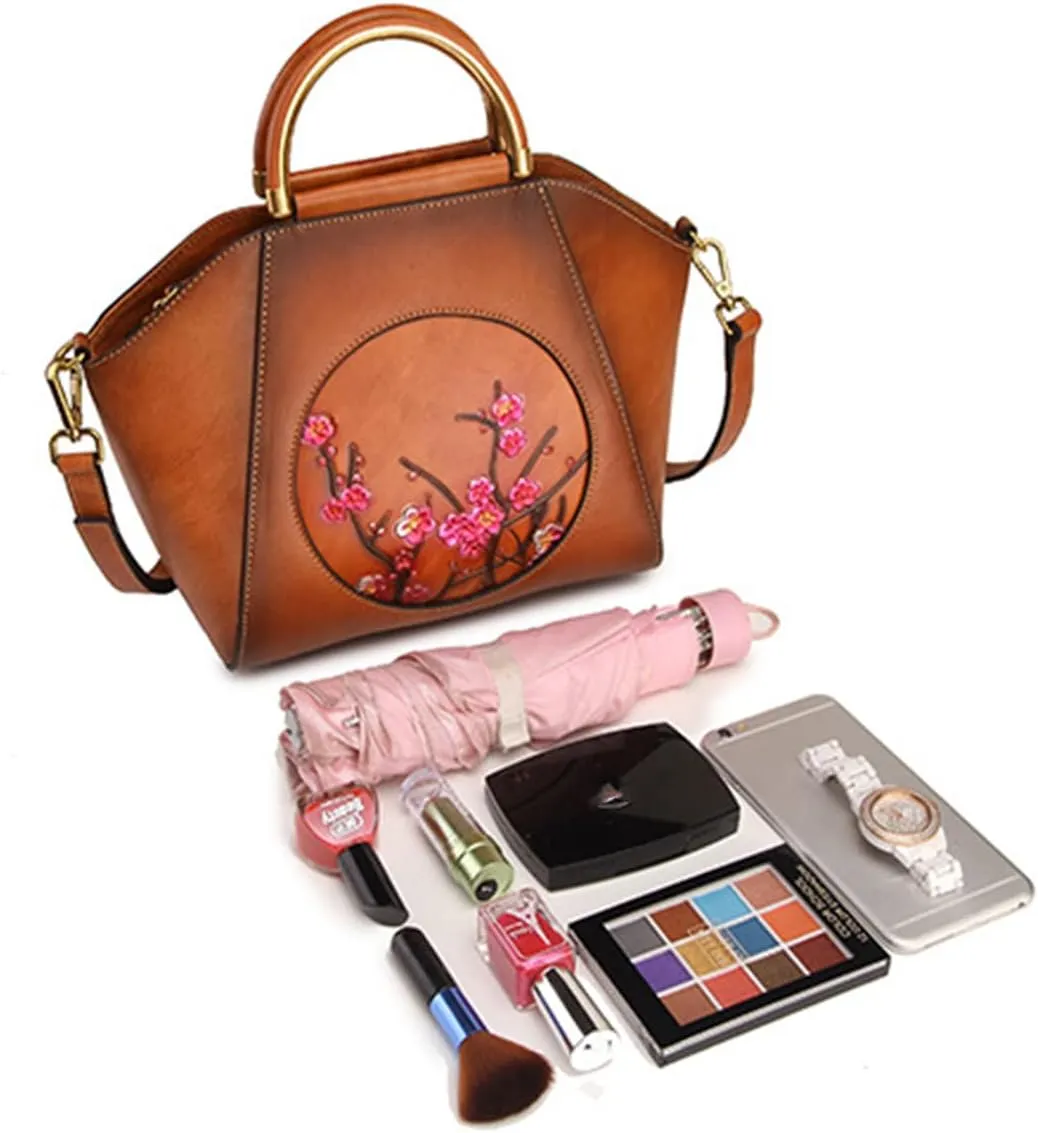 CrazycatZ Womens Real Leather Tote Handbags Colorful Cross-body handbags Embossing Floral Handbags