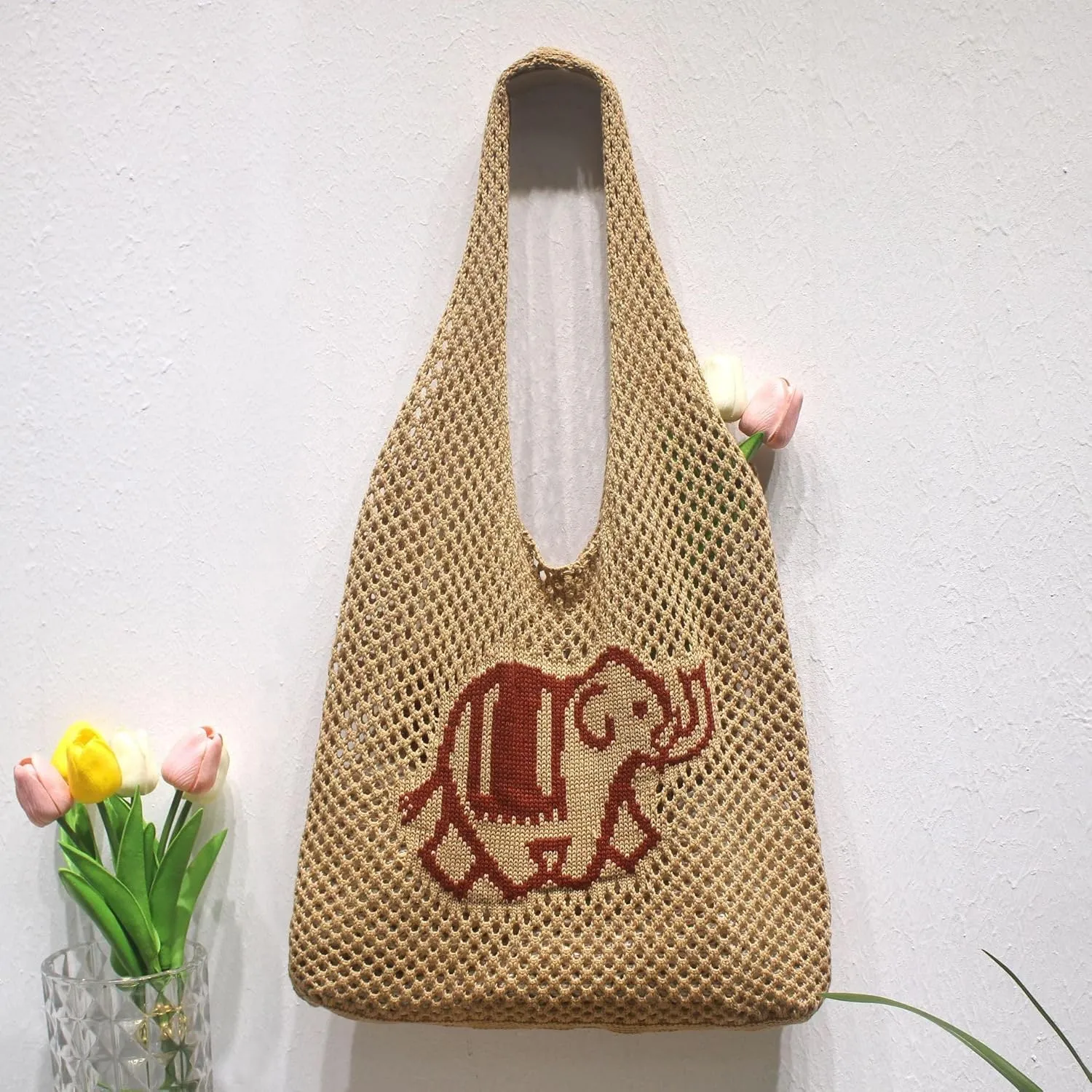 Crochet Tote Bag, Elephant Beach Mesh Knitted Bag Shoulder Bag Handbags for Women Summer