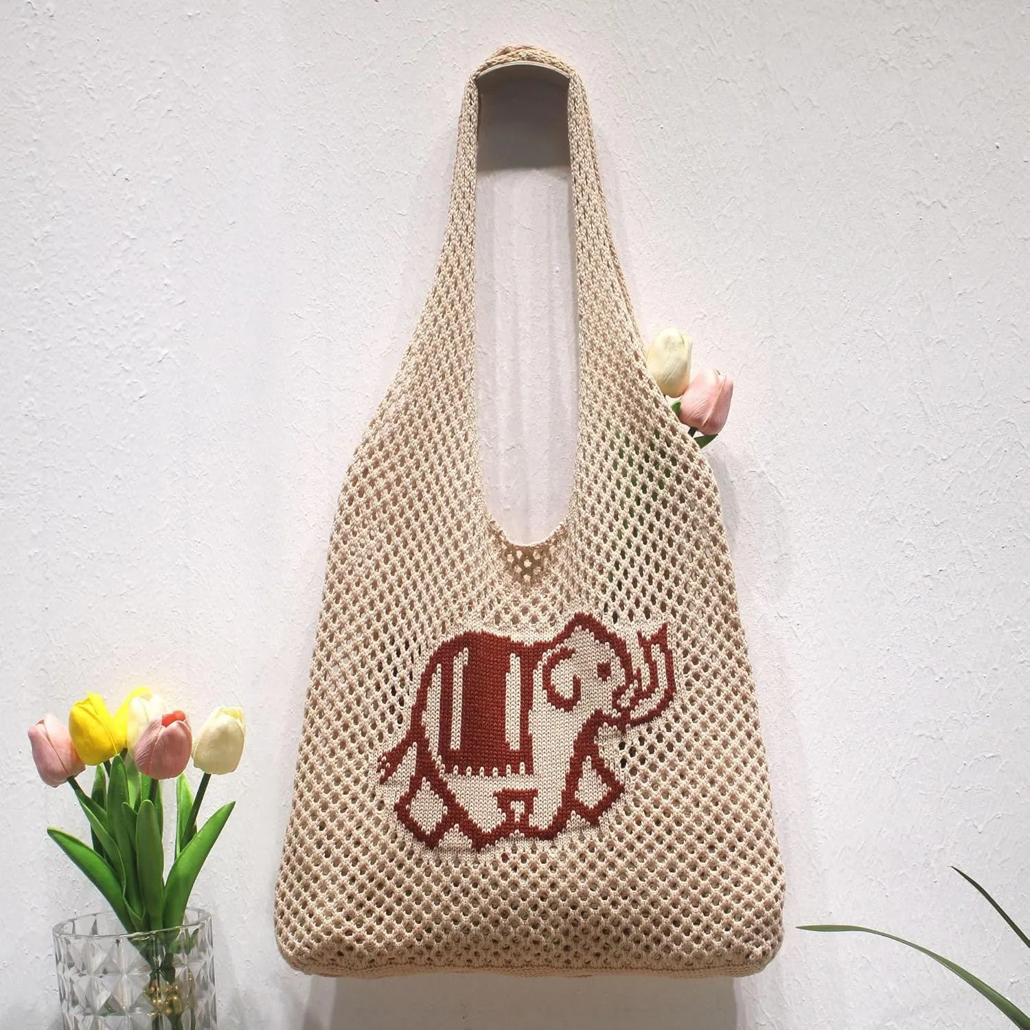 Crochet Tote Bag, Elephant Beach Mesh Knitted Bag Shoulder Bag Handbags for Women Summer