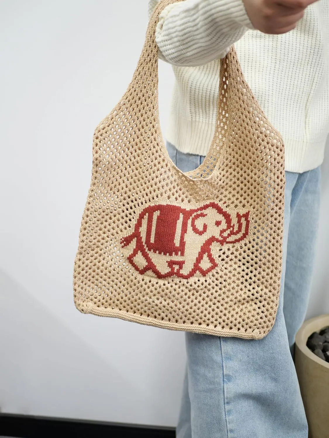 Crochet Tote Bag, Elephant Beach Mesh Knitted Bag Shoulder Bag Handbags for Women Summer