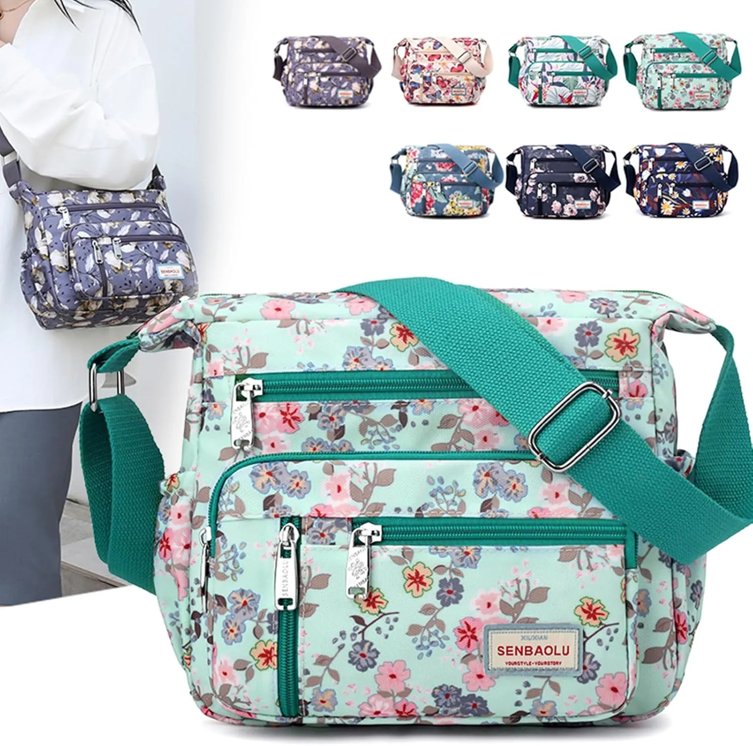 Crossbody Bag for Women Nylon Multi pockets Shoulder Bag Waterproof Floral Messenger Satchel Purses and Handbags