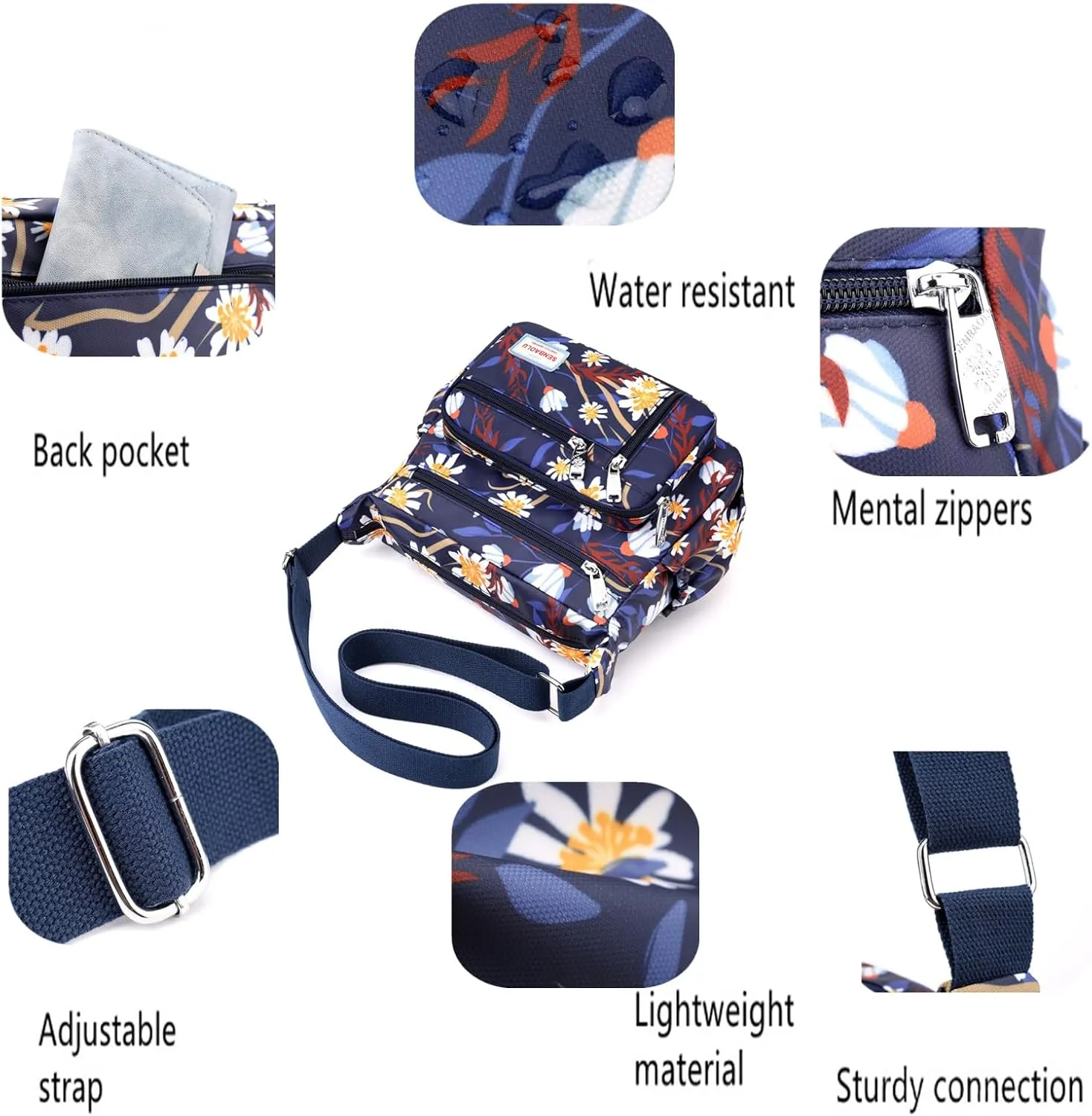 Crossbody Bag for Women Nylon Multi pockets Shoulder Bag Waterproof Floral Messenger Satchel Purses and Handbags