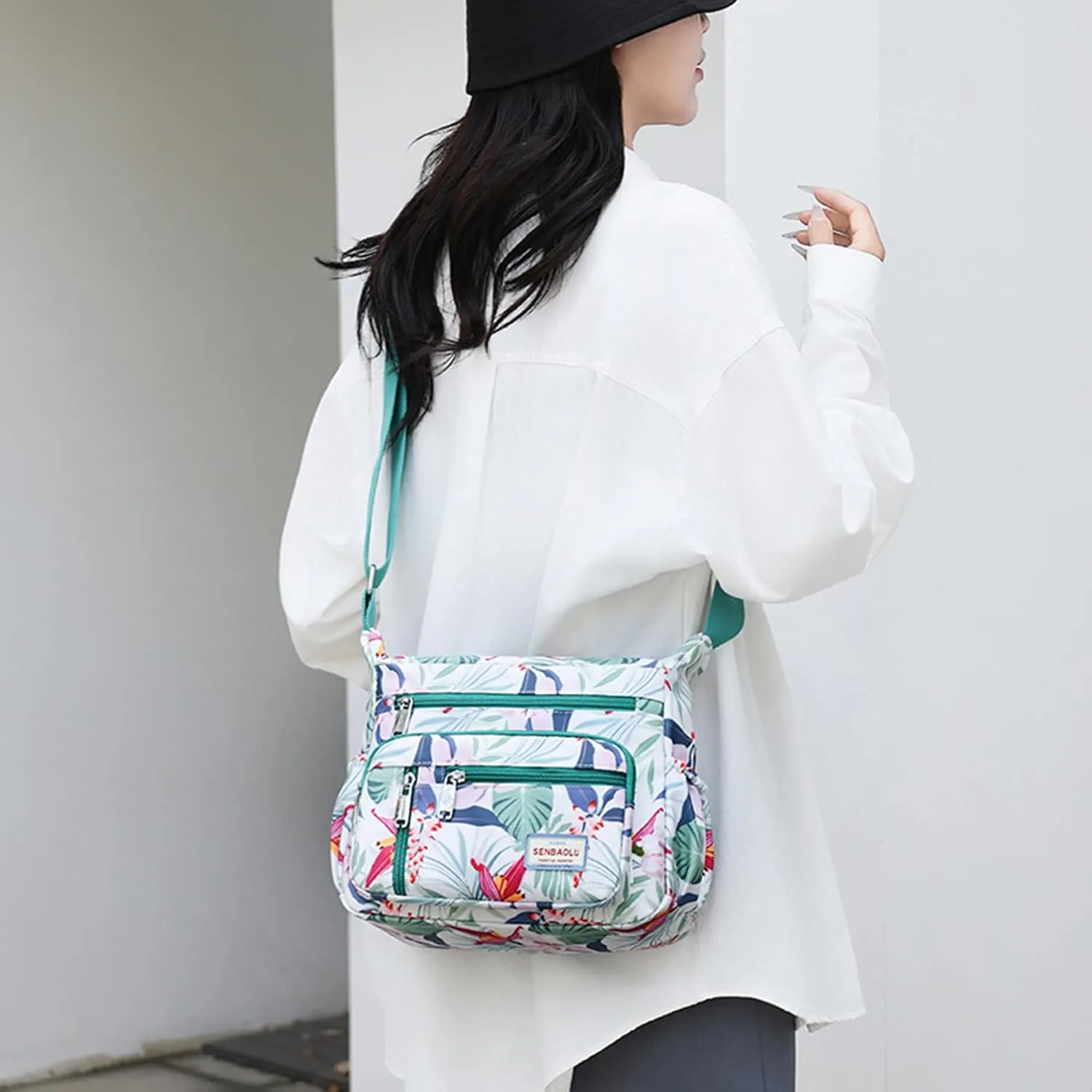 Crossbody Bag for Women Nylon Multi pockets Shoulder Bag Waterproof Floral Messenger Satchel Purses and Handbags