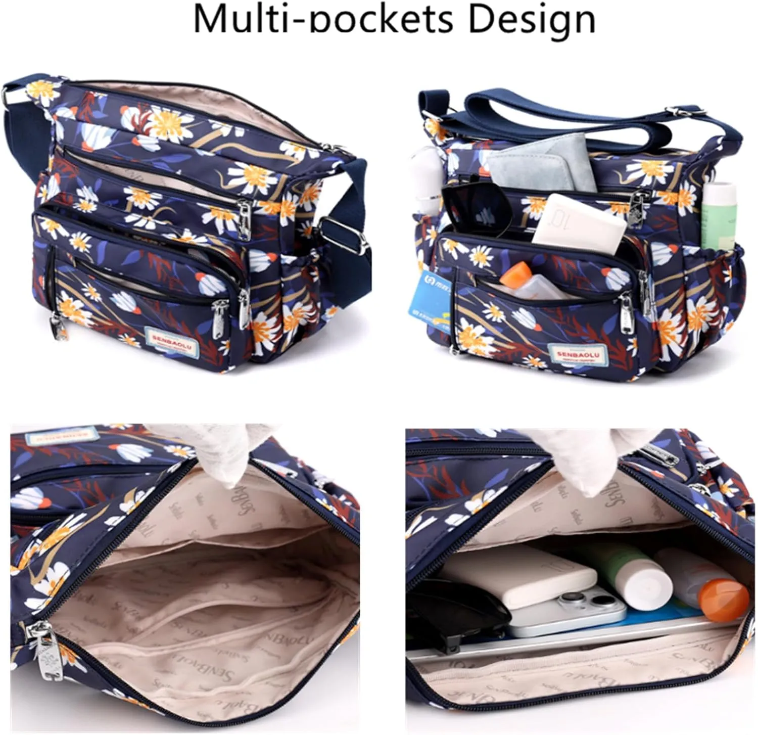 Crossbody Bag for Women Nylon Multi pockets Shoulder Bag Waterproof Floral Messenger Satchel Purses and Handbags