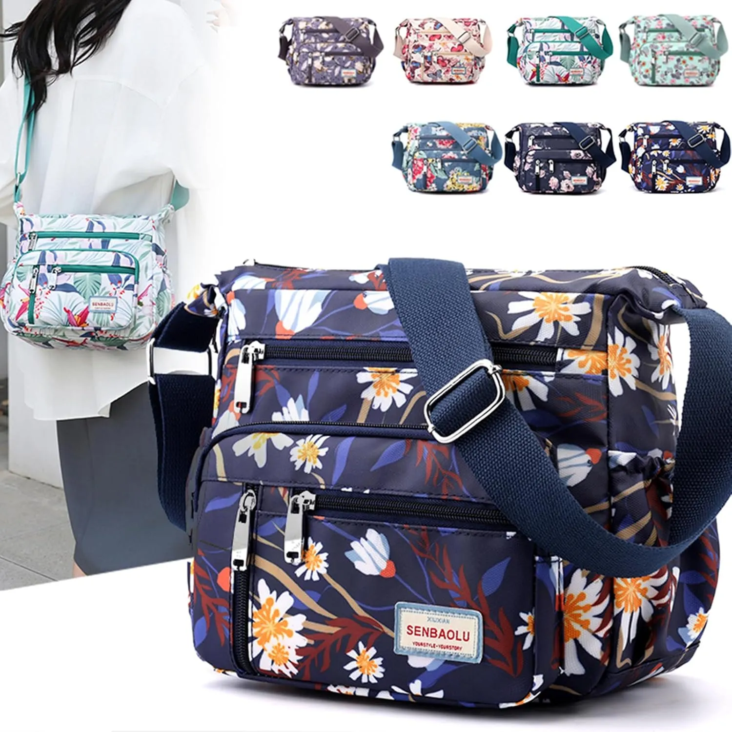 Crossbody Bag for Women Nylon Multi pockets Shoulder Bag Waterproof Floral Messenger Satchel Purses and Handbags