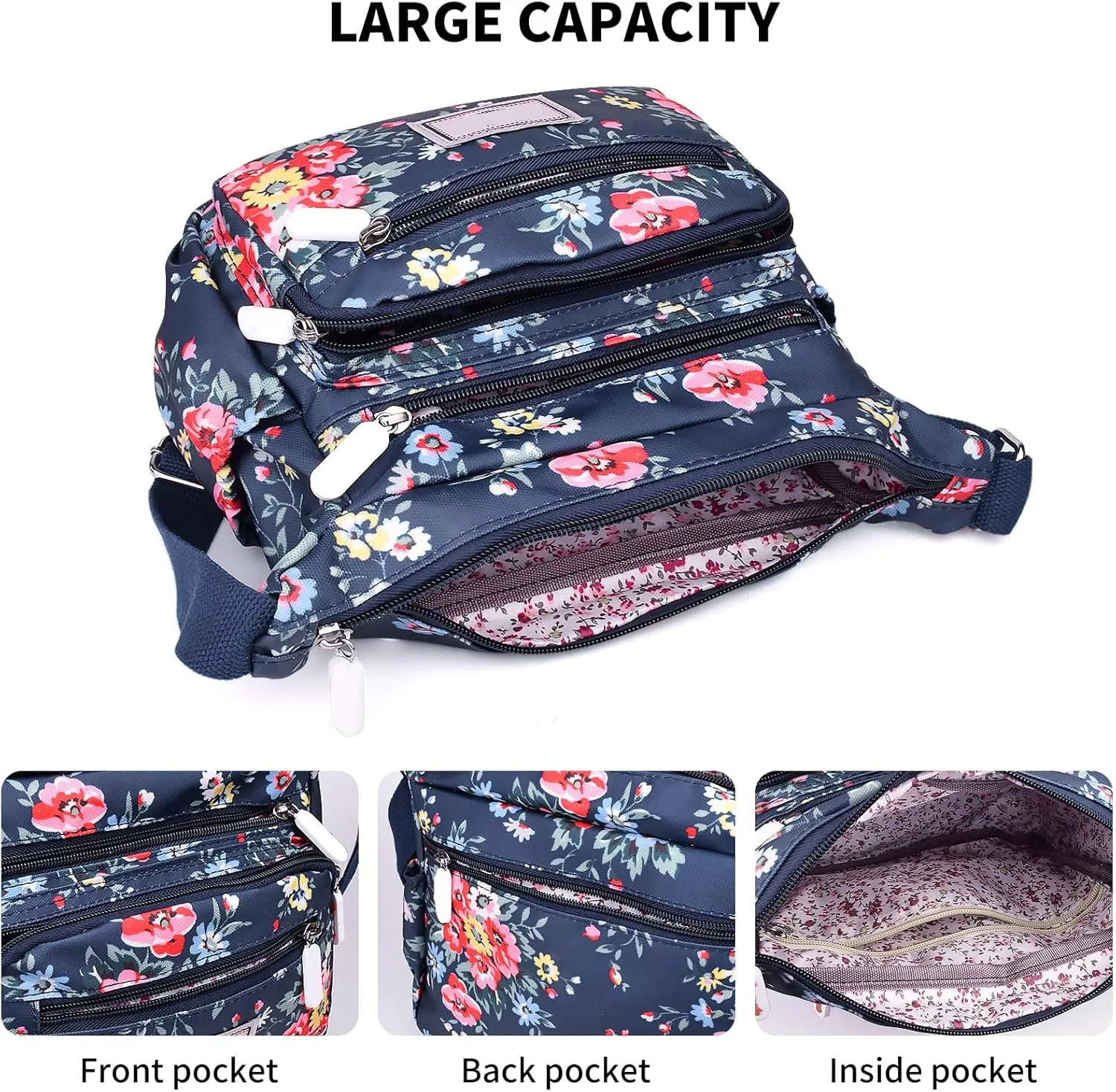 Crossbody Bag for Women Waterproof Nylon Shoulder Handbags Multi Pocket Casual Messenger Bag Floral Travel Purse