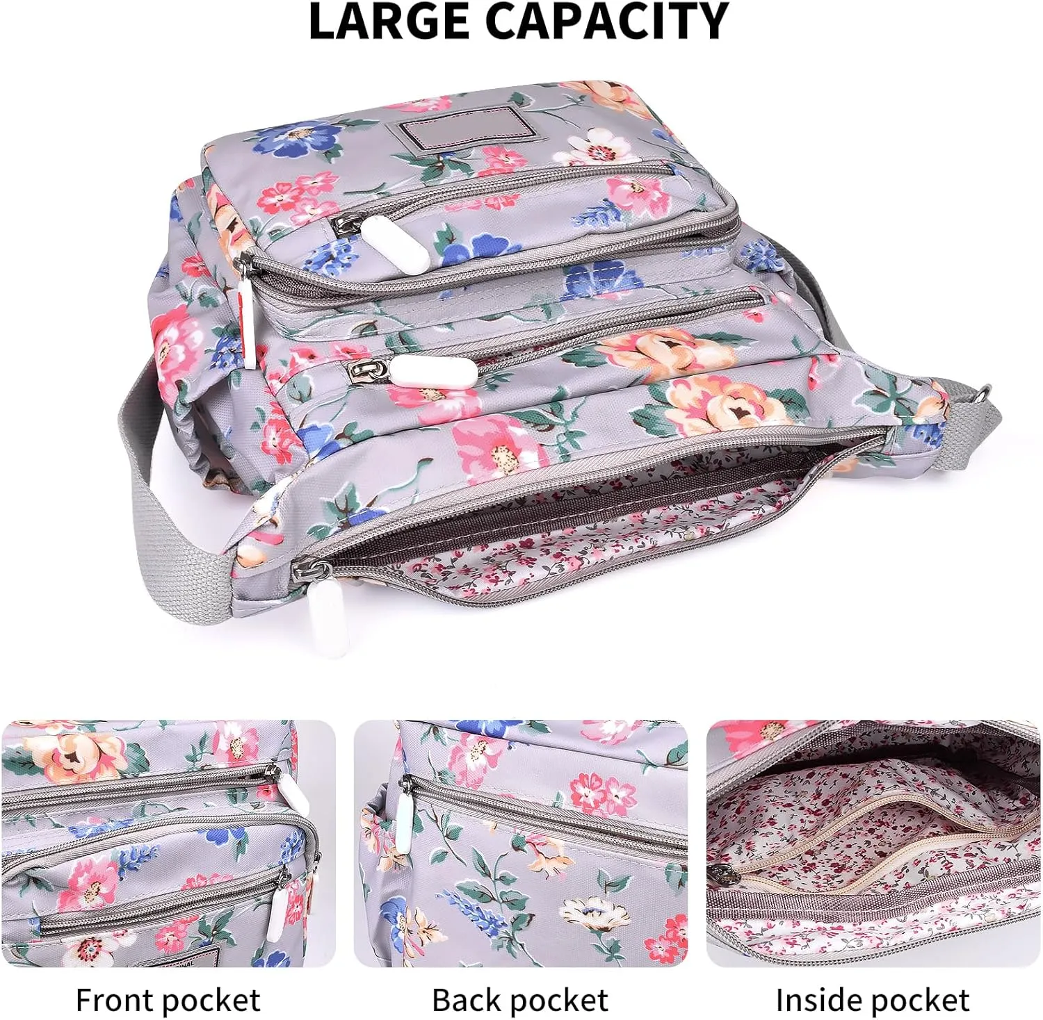 Crossbody Bag for Women Waterproof Nylon Shoulder Handbags Multi Pocket Casual Messenger Bag Floral Travel Purse