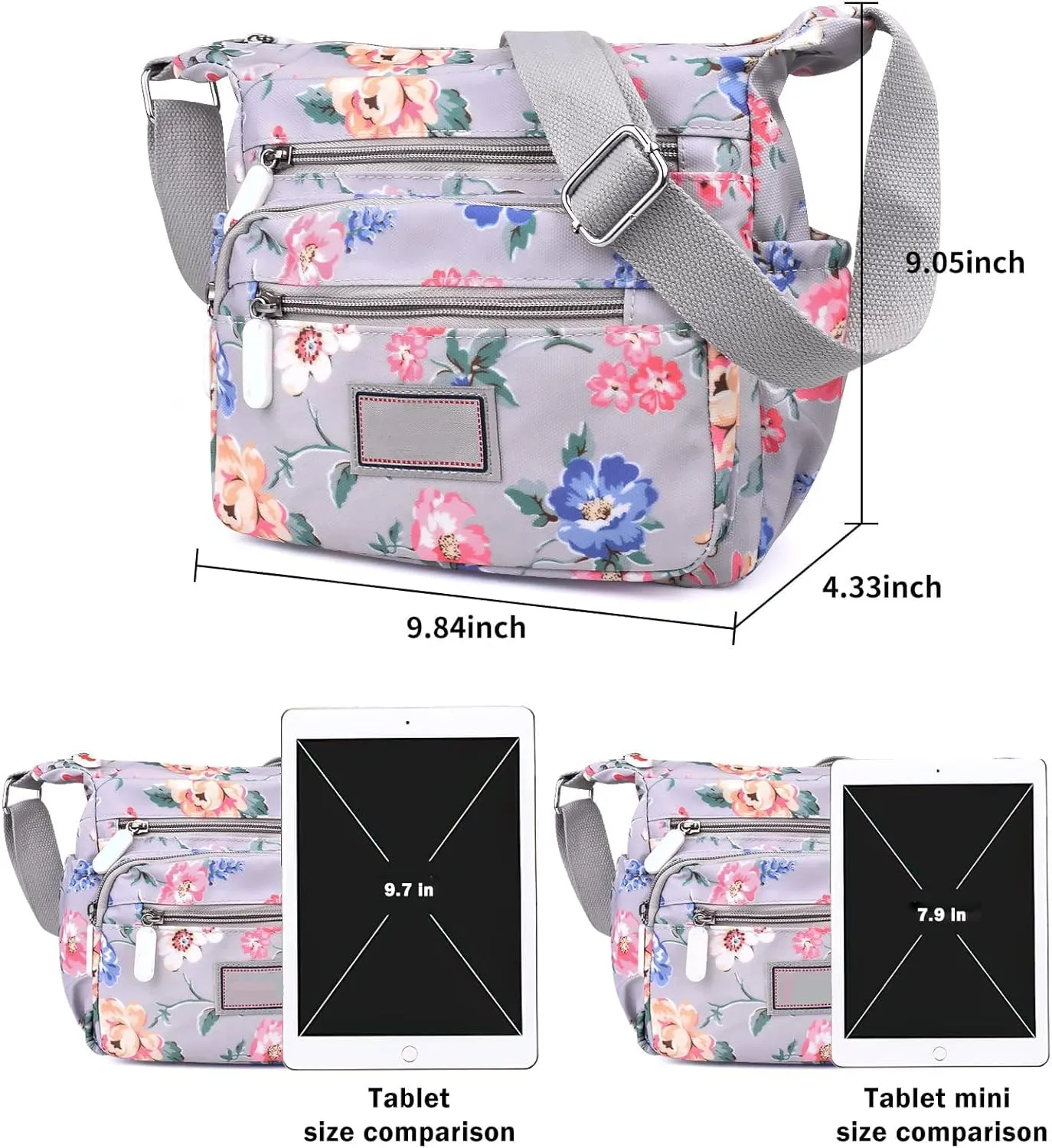 Crossbody Bag for Women Waterproof Nylon Shoulder Handbags Multi Pocket Casual Messenger Bag Floral Travel Purse