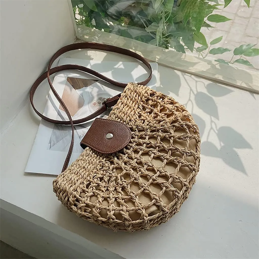 Crossbody Bags Hollow Semicircle Handwoven Shoulder Small Handbags Ladies Beach Travel Vacation