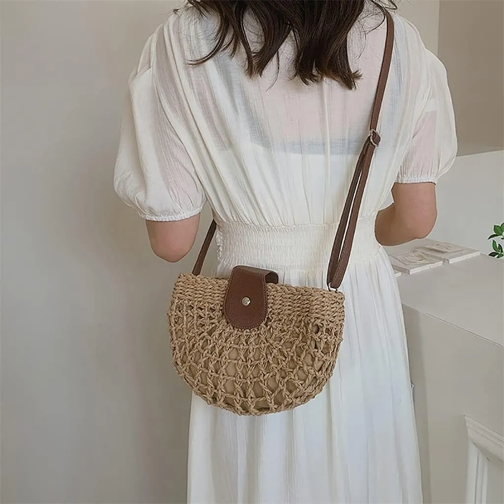 Crossbody Bags Hollow Semicircle Handwoven Shoulder Small Handbags Ladies Beach Travel Vacation