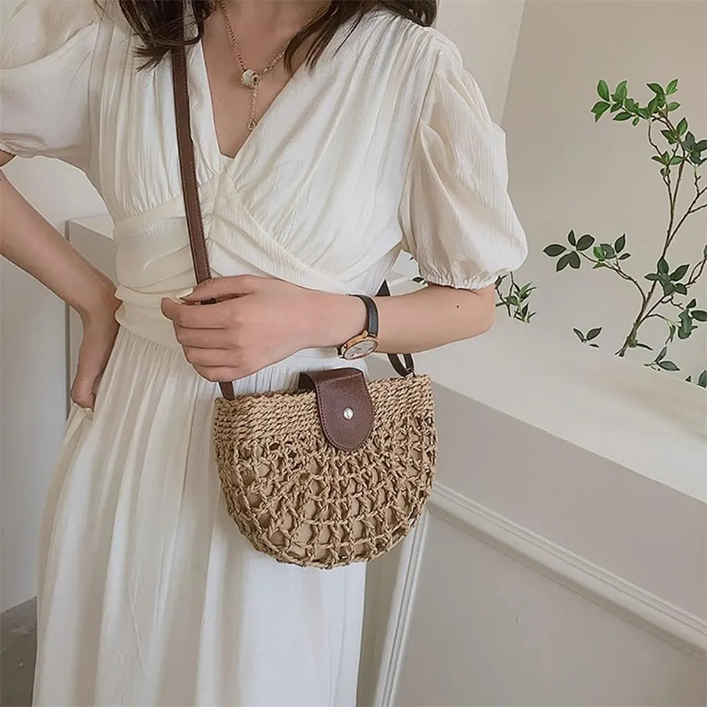 Crossbody Bags Hollow Semicircle Handwoven Shoulder Small Handbags Ladies Beach Travel Vacation
