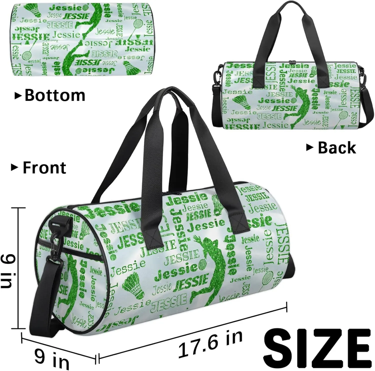 Custom Badminton Sport Bags Personalized Sports Gym Bag with Name Overnight Weekender Duffel Bag Customized Gifts for Women Men, Green