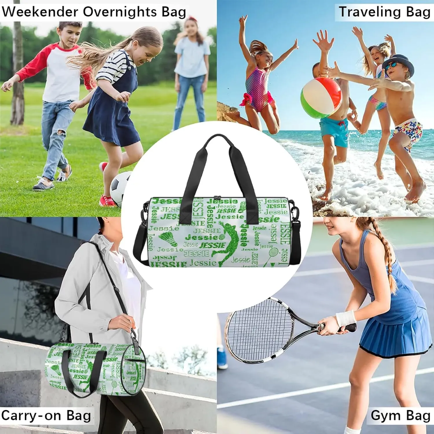 Custom Badminton Sport Bags Personalized Sports Gym Bag with Name Overnight Weekender Duffel Bag Customized Gifts for Women Men, Green