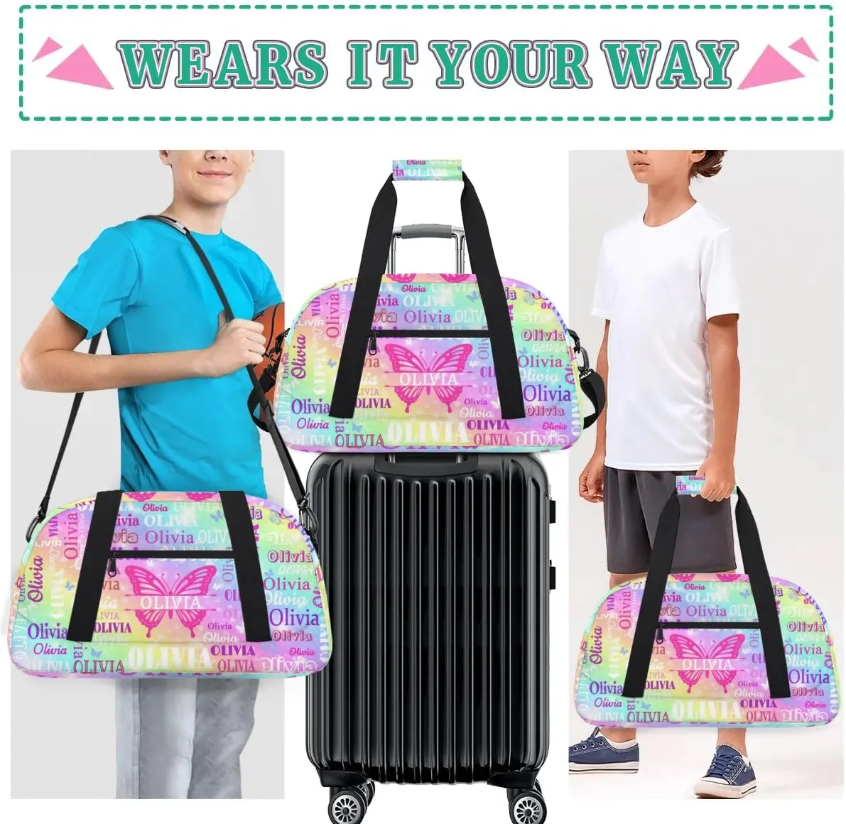Custom Colorful Names Butterfly Dance Ballet Bag, Gym Bag Sports Travel Duffle Bag Tote Carry On Weekend Sports Travel Bag, Rainbow Colorful Shiny Stars
