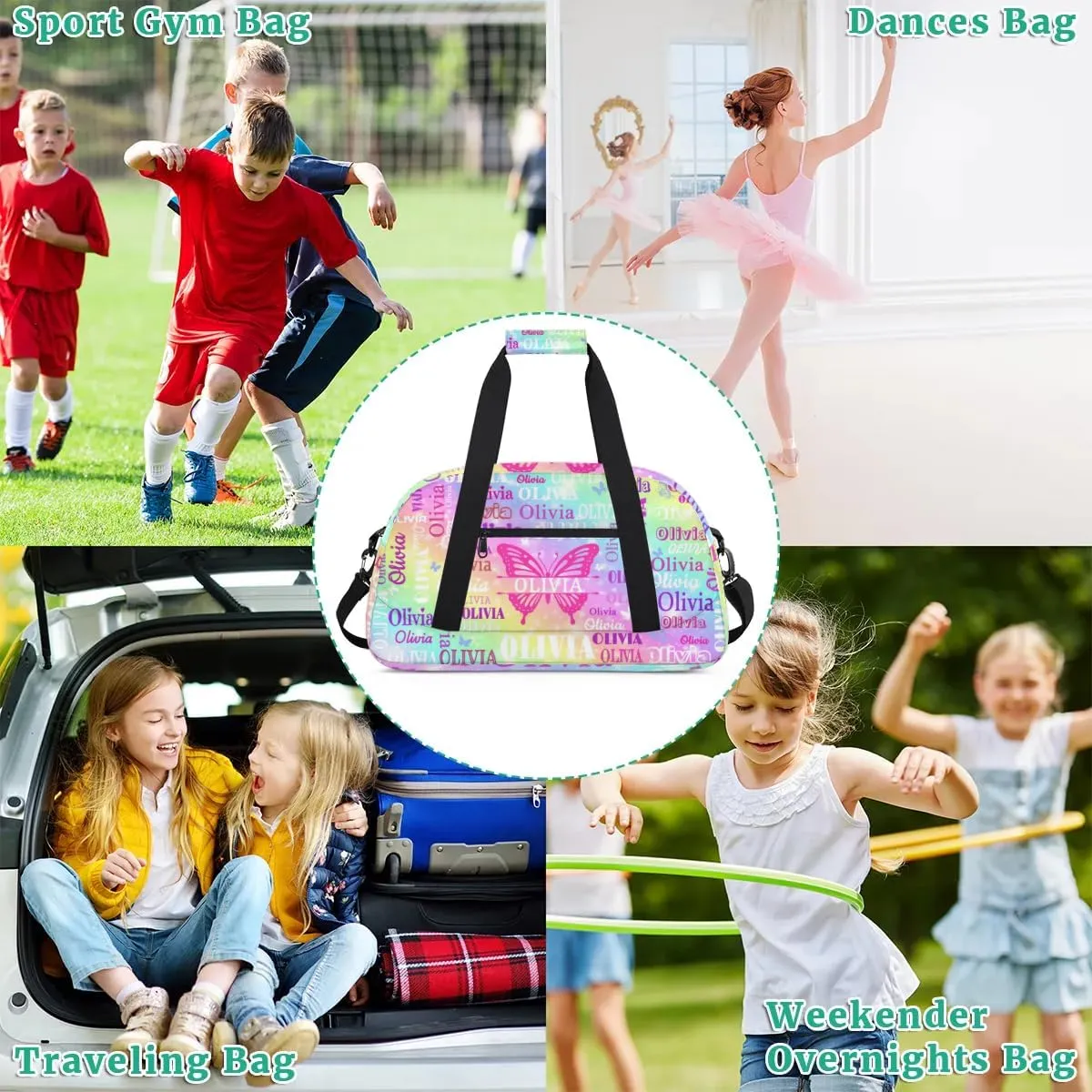 Custom Colorful Names Butterfly Dance Ballet Bag, Gym Bag Sports Travel Duffle Bag Tote Carry On Weekend Sports Travel Bag, Rainbow Colorful Shiny Stars