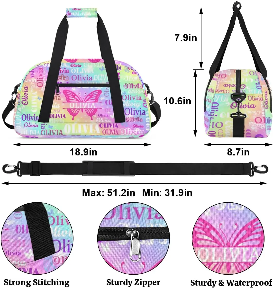 Custom Colorful Names Butterfly Dance Ballet Bag, Gym Bag Sports Travel Duffle Bag Tote Carry On Weekend Sports Travel Bag, Rainbow Colorful Shiny Stars