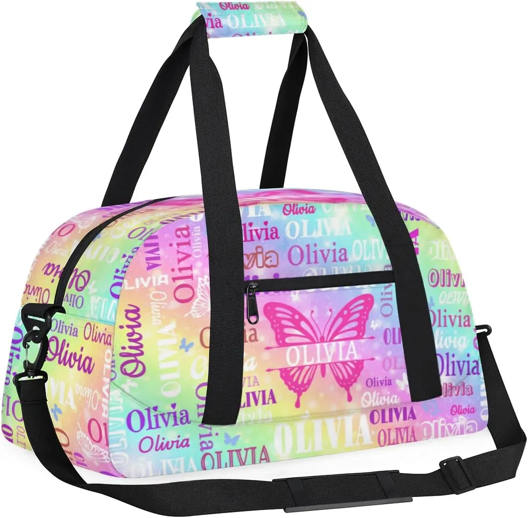 Custom Colorful Names Butterfly Dance Ballet Bag, Gym Bag Sports Travel Duffle Bag Tote Carry On Weekend Sports Travel Bag, Rainbow Colorful Shiny Stars