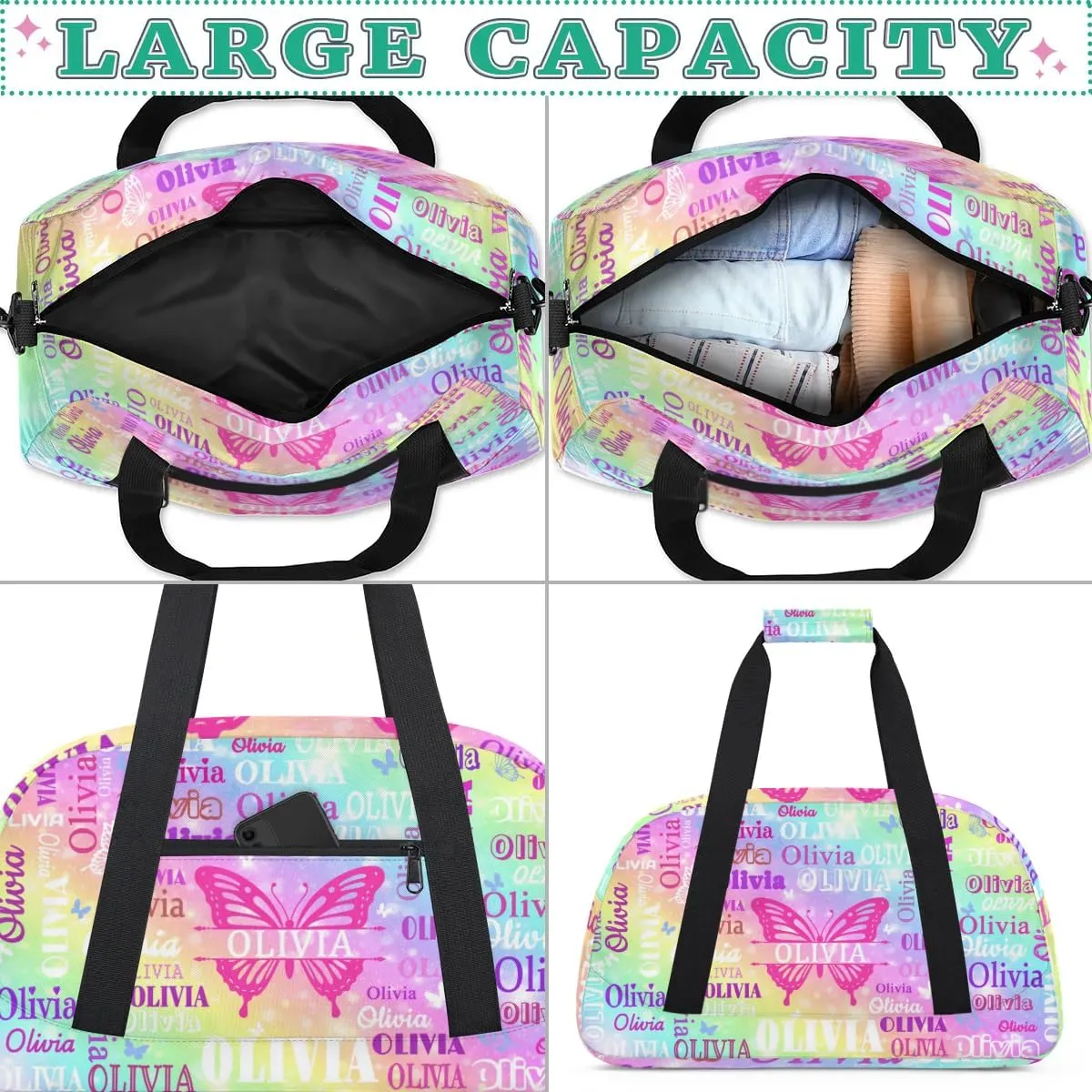 Custom Colorful Names Butterfly Dance Ballet Bag, Gym Bag Sports Travel Duffle Bag Tote Carry On Weekend Sports Travel Bag, Rainbow Colorful Shiny Stars