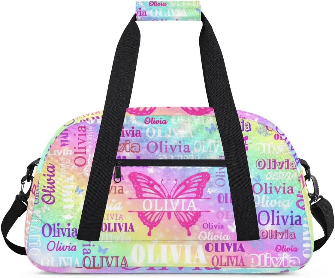 Custom Colorful Names Butterfly Dance Ballet Bag, Gym Bag Sports Travel Duffle Bag Tote Carry On Weekend Sports Travel Bag, Rainbow Colorful Shiny Stars