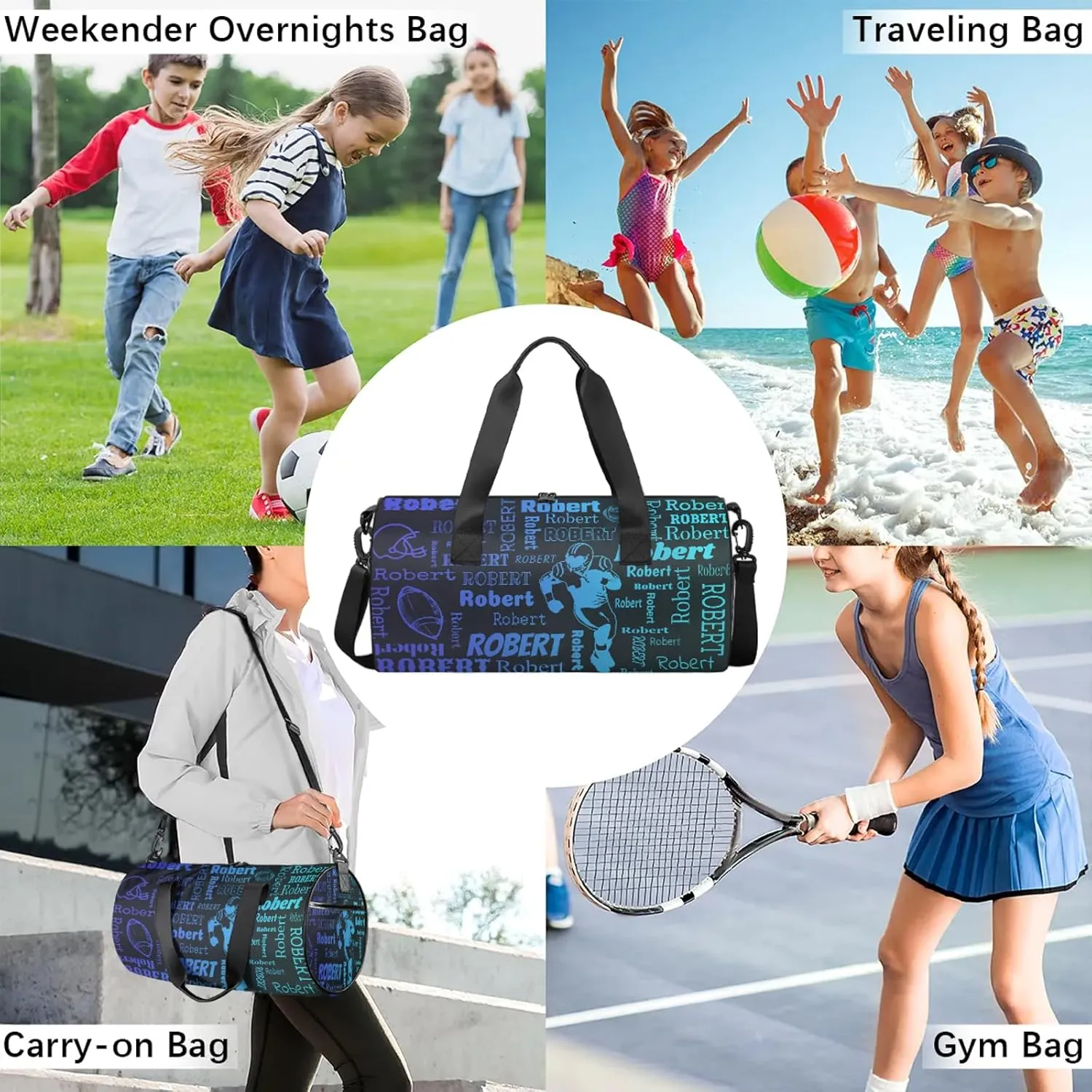 Custom Football Sport Bags Personalized Sports Gym Bag with Name Overnight Weekender Duffel Bag Customized Rugby Gifts for Women Men, Multi Blue