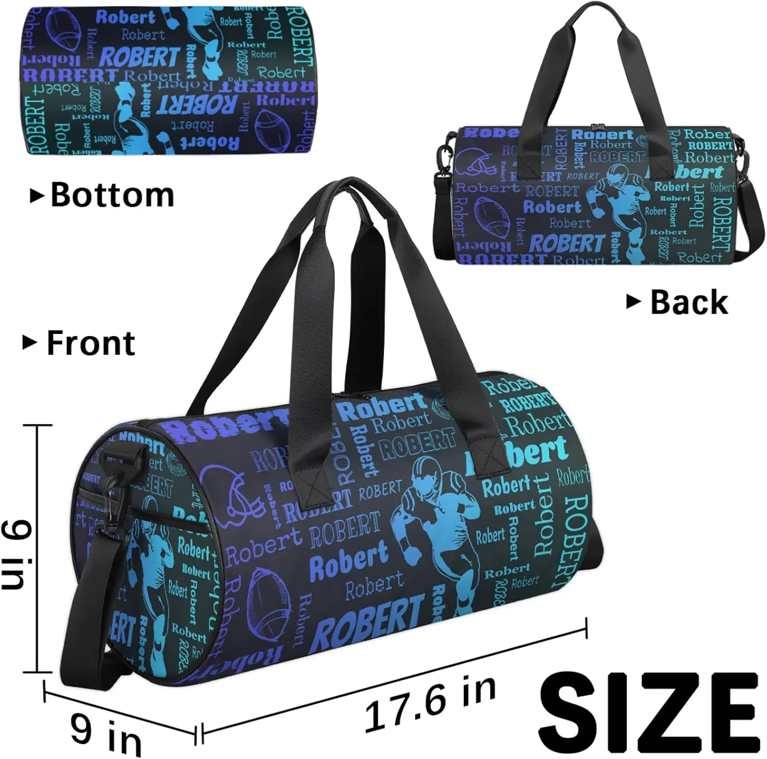 Custom Football Sport Bags Personalized Sports Gym Bag with Name Overnight Weekender Duffel Bag Customized Rugby Gifts for Women Men, Multi Blue