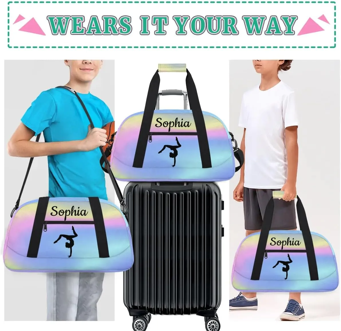 Custom Gymnastics Duffel Bag Personalized Gym Duffel Bags Dance Bag with Name Customized Gymnastics Bag for Women, Colorful Blue
