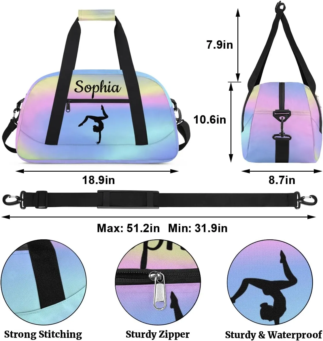 Custom Gymnastics Duffel Bag Personalized Gym Duffel Bags Dance Bag with Name Customized Gymnastics Bag for Women, Colorful Blue